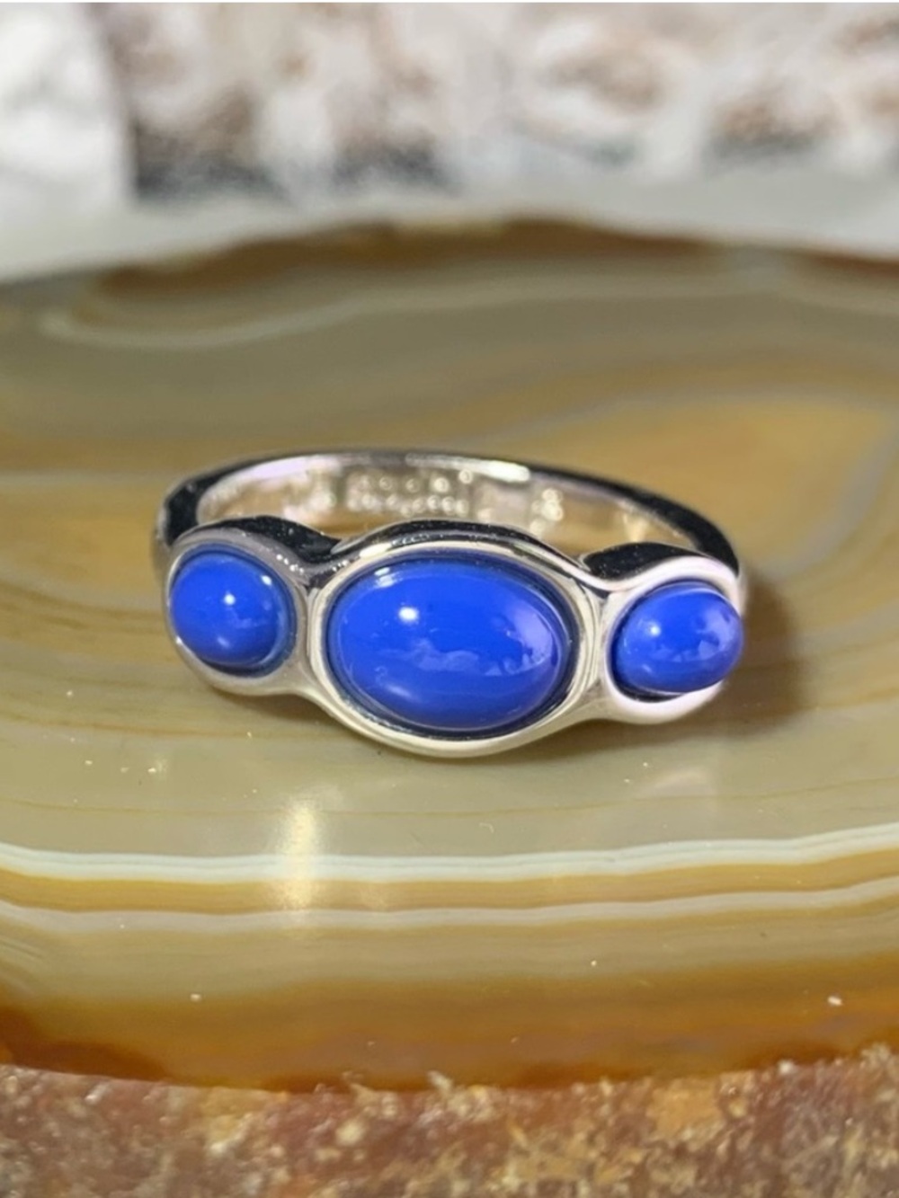 EUC lia sophia “Adieu" ring, Sz 8, silver tone with blue resin. Gently worn